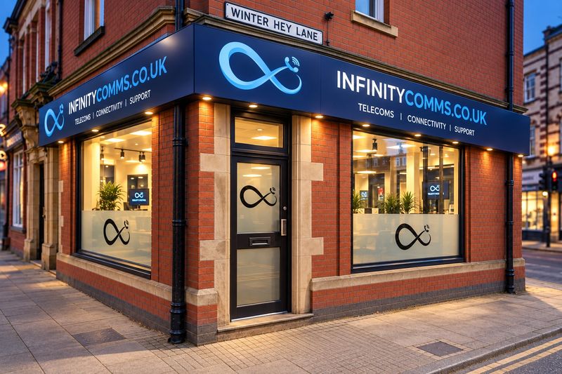 The Infinity Comms shopfront on a corner in the evening light, with a navy sign over large front windows